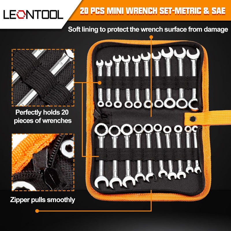 LEONTOOL Mini Wrench Set Metric and SAE 20 Pcs Ignition Wrenches 4-11mm & 5/32" to 7/16" Open End Box End Wrench Set with Key Ring, Combination Wrench Sets with Zipper Bag - Image 4